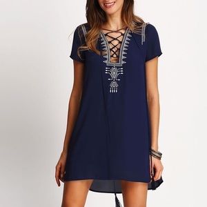 Shein | Navy Embroidered Tassel Laceup Shirtdress